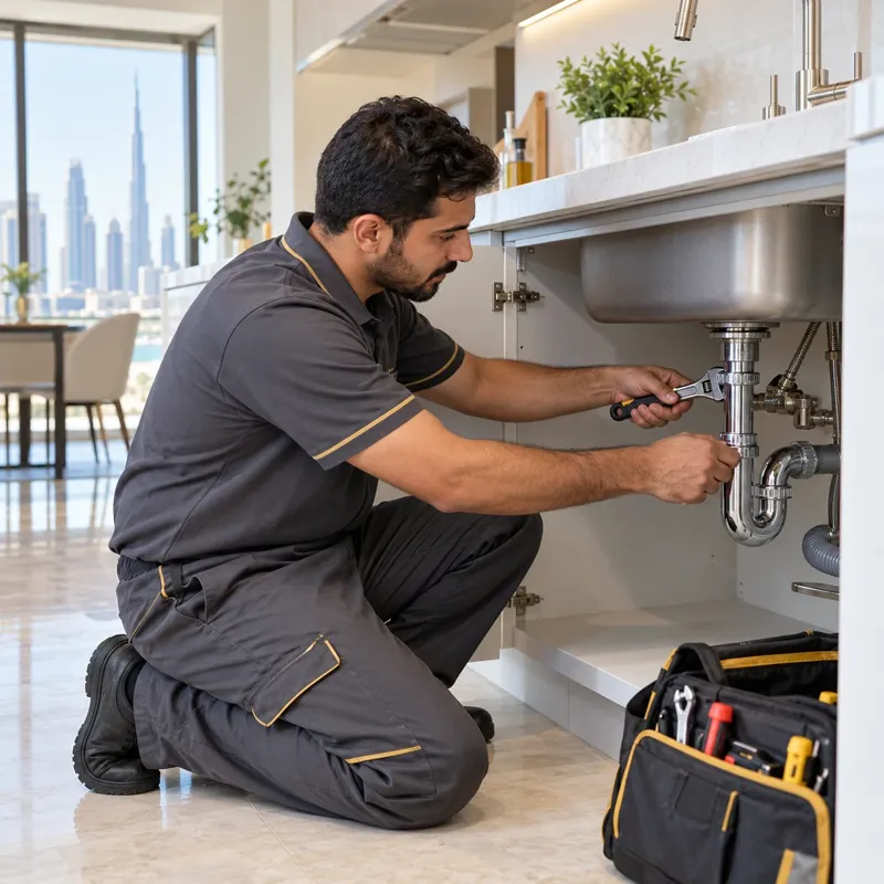 Technician fixing a kitchen sink pipe