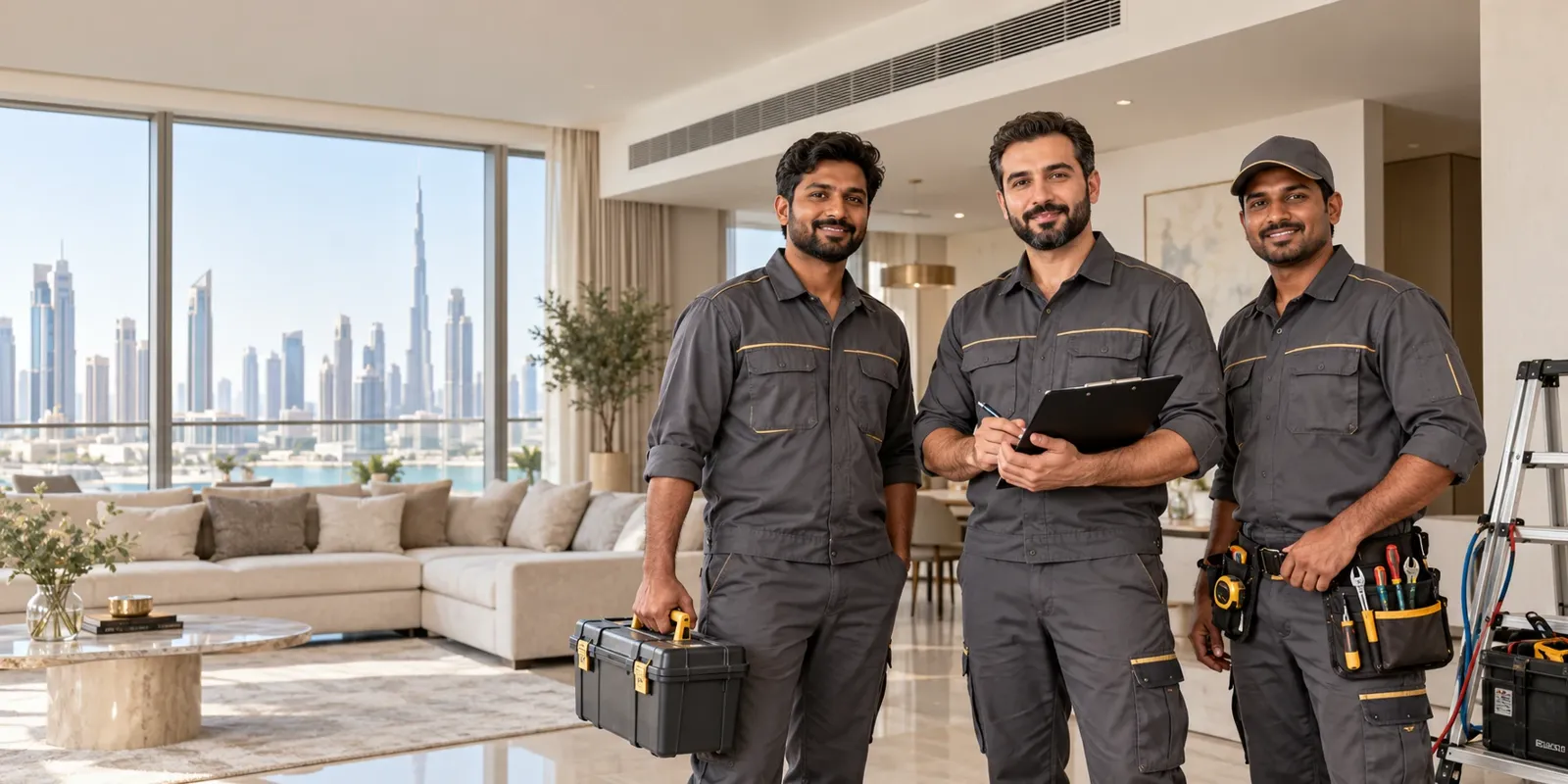 Three technicians in grey uniforms standing in a modern apartment